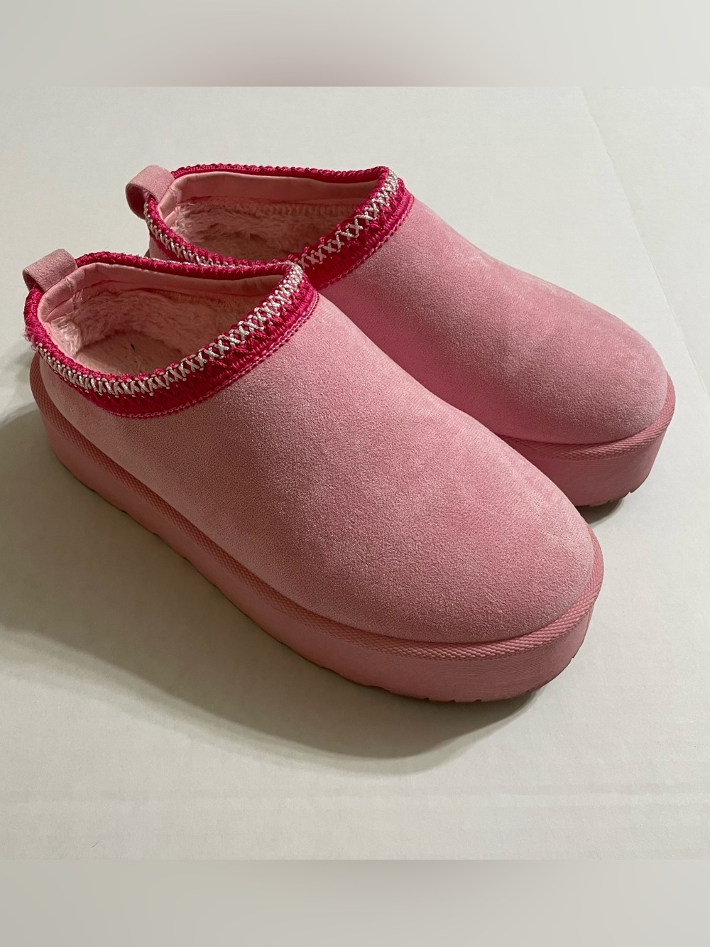 Hot pink fluffy slip on platform clogs size 10